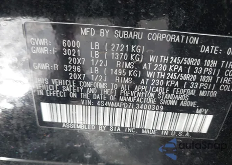 2020 Subaru Ascent Limited from USA, damaged, VIN 4S4WMAPD7L3400309